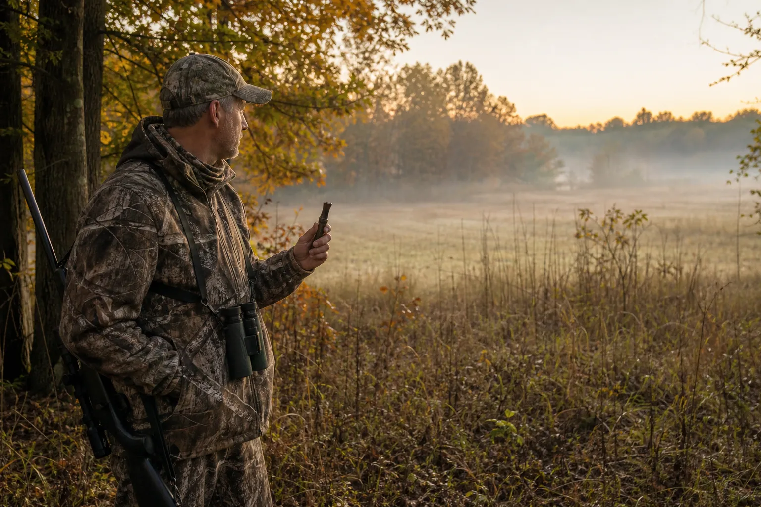 An adult hunter stands quietly at the edge of a misty autumn woods with a deer call and a safely carried firearm, suggesting deer calling in season.
