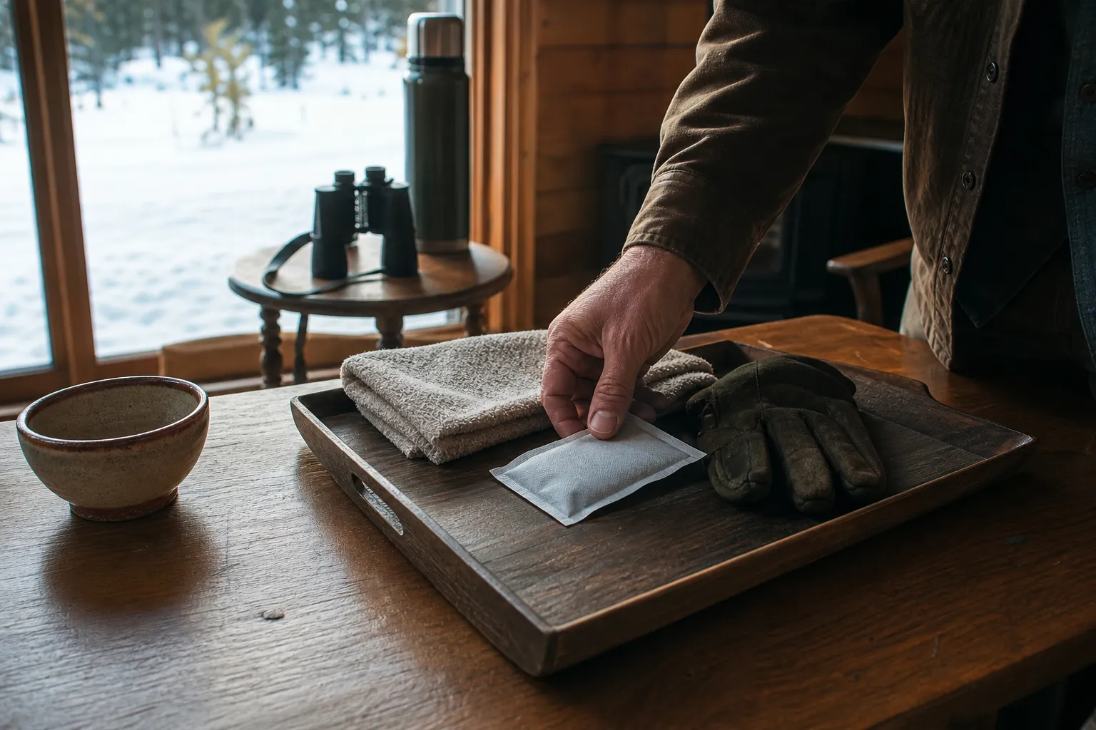 An adult sets a used hand warmer on a tray to cool safely indoors.