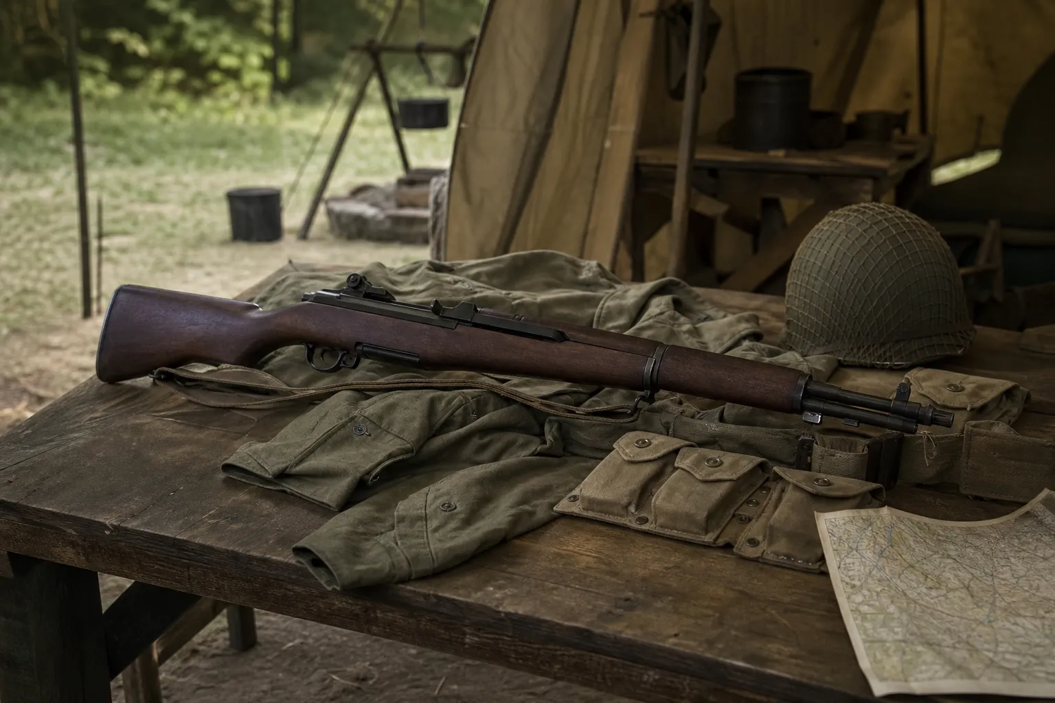 A World War II era service rifle rests on a wooden table beside period military gear in a muted historical setting.