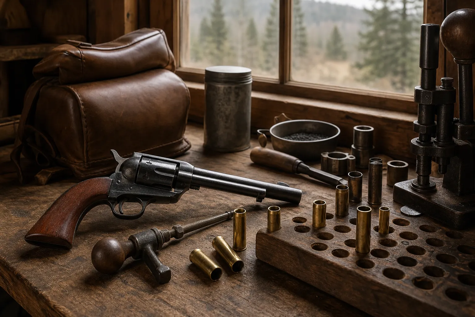 A revolver, brass cases, and handloading tools arranged on a wooden table in a vintage workshop setting.
