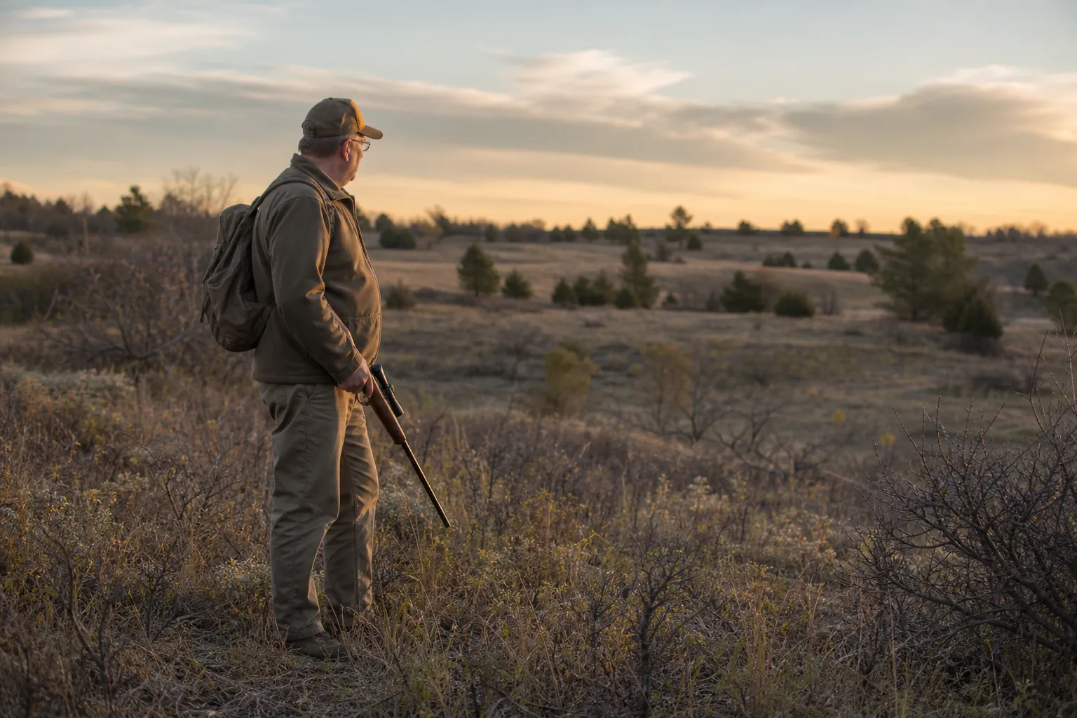 An adult hunter carrying a rifle safely while moving through brushy open country in the morning light.