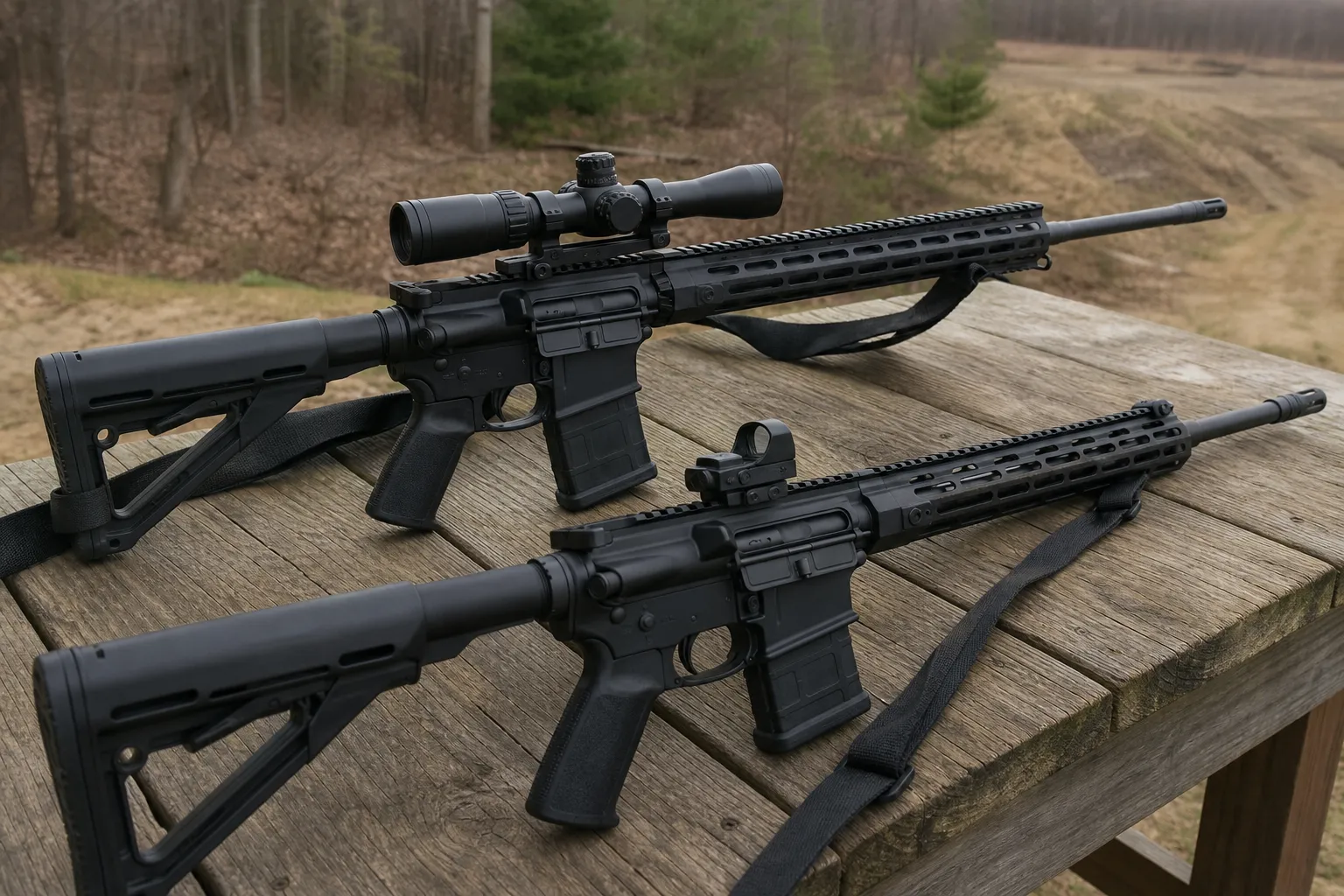 Two rifles sit safely on a bench, one with a scope and one with a small dot sight.