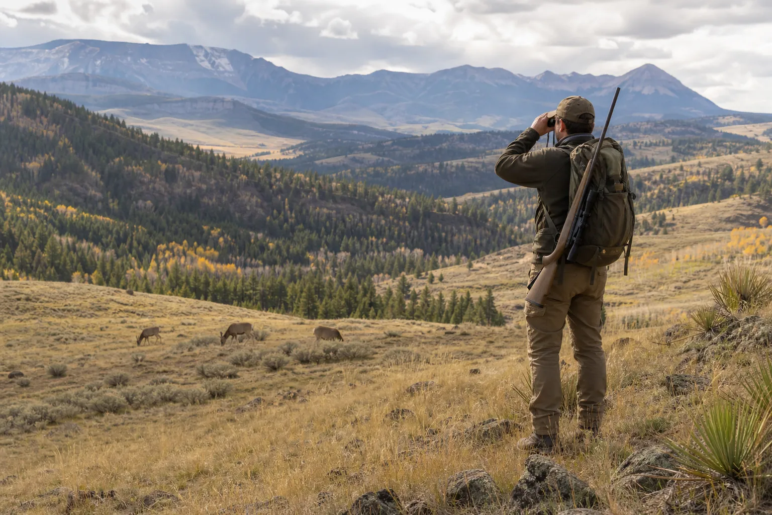 A hunter watches deer habitat and distant elk country with a safely slung rifle in a western landscape.