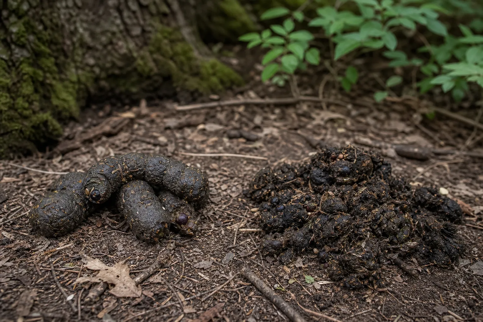 Two different piles of bear scat on a forest floor showing how much it can vary in shape and texture.