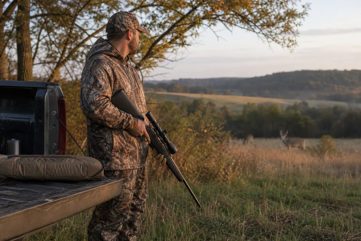 An adult hunter stands beside a truck at the edge of a wooded field with a safe, generic hunting rifle and gear at dawn.