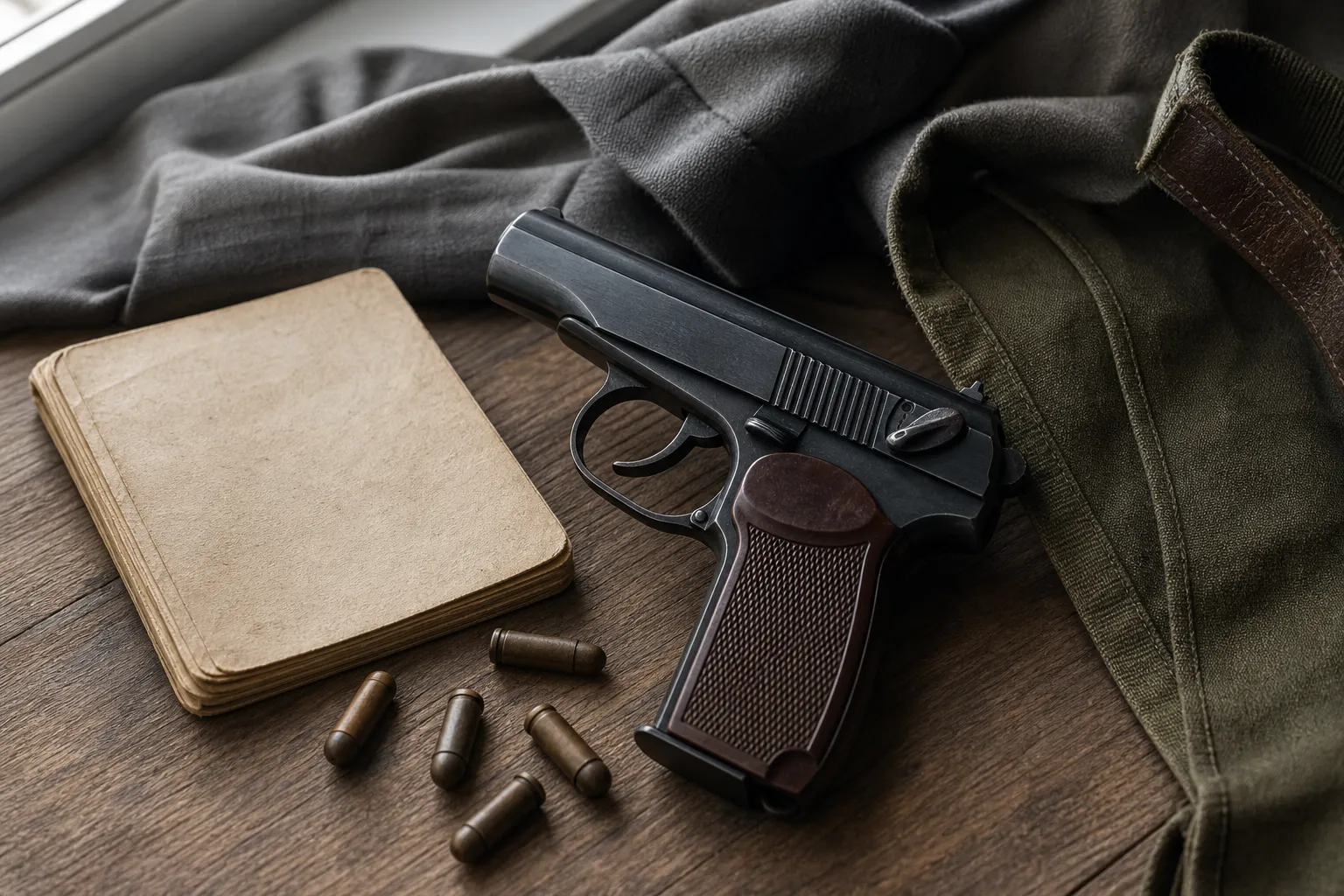A Makarov style pistol resting safely on a tabletop beside period style accessories in soft natural light.