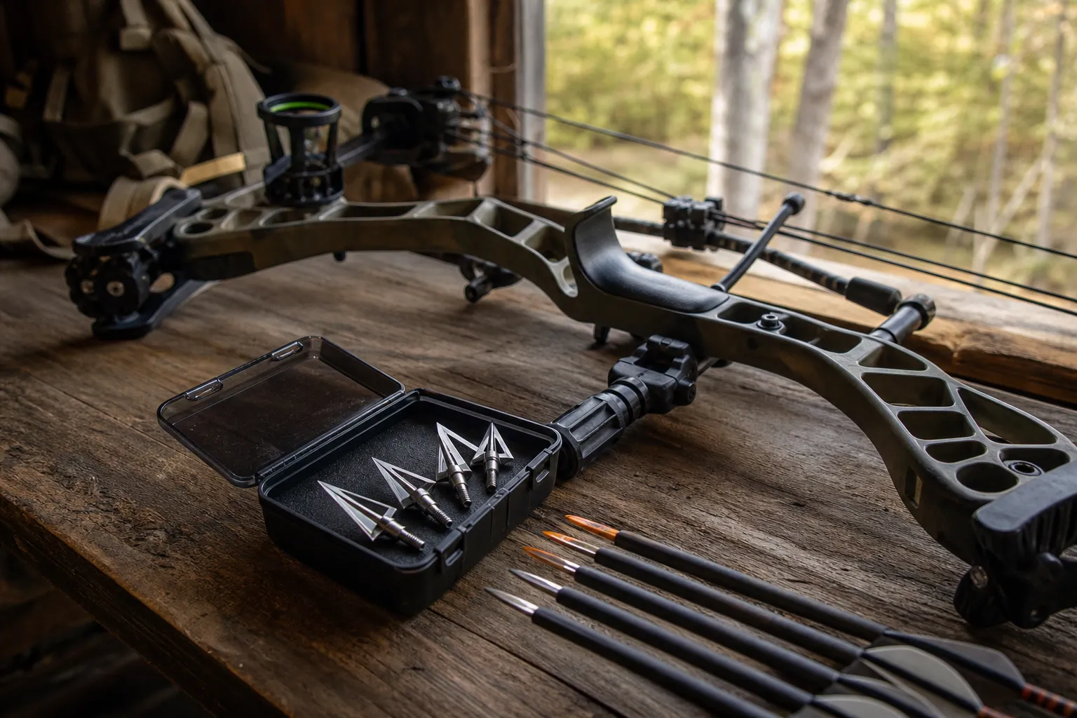 A safe outdoor workbench shows a bow and several fixed blade broadheads with their blades exposed.
