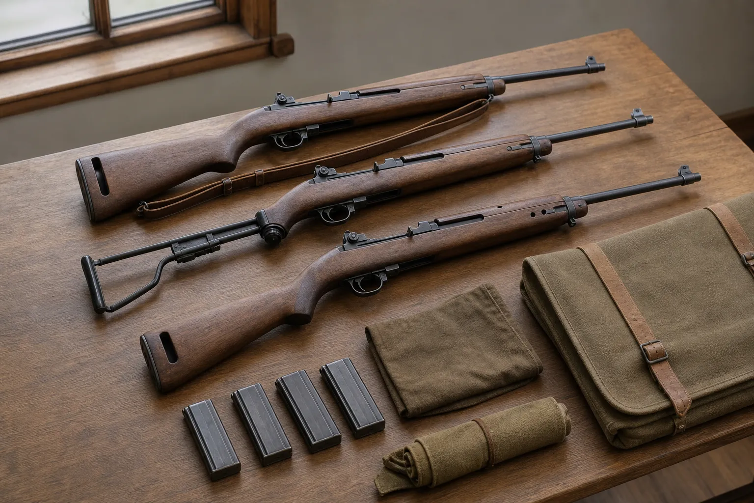 Several M1 carbine style variants are displayed safely on a wooden table in a museum like setting.
