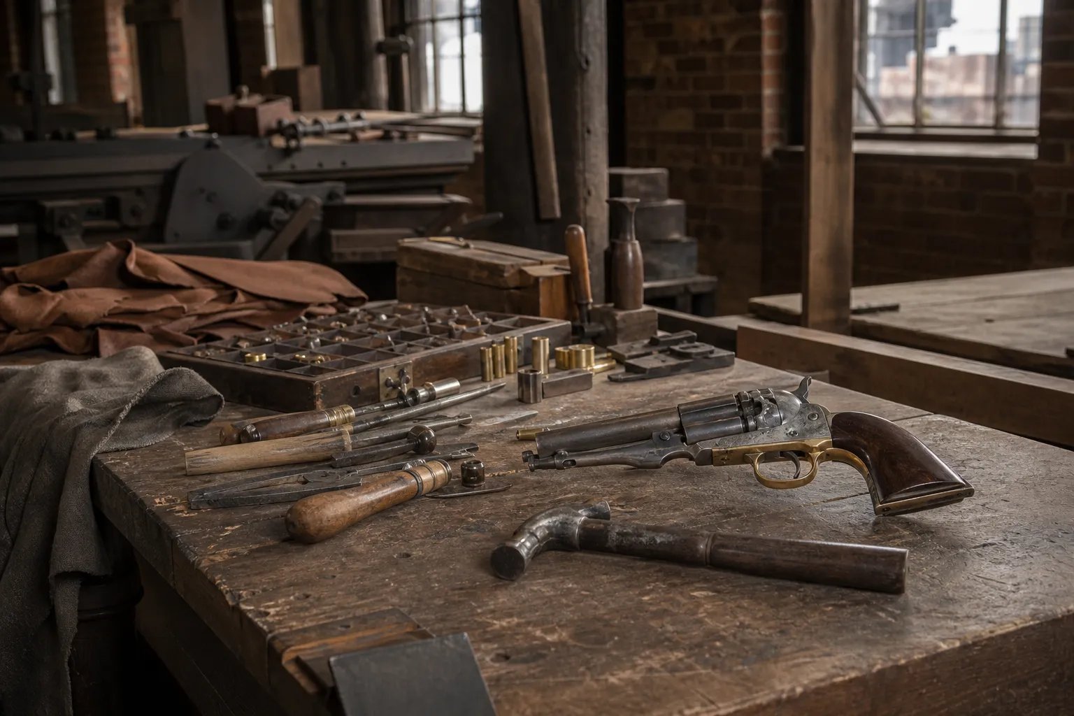 A period workshop table with early revolver era tools and a safely displayed handgun evokes Colt’s first commercial years.