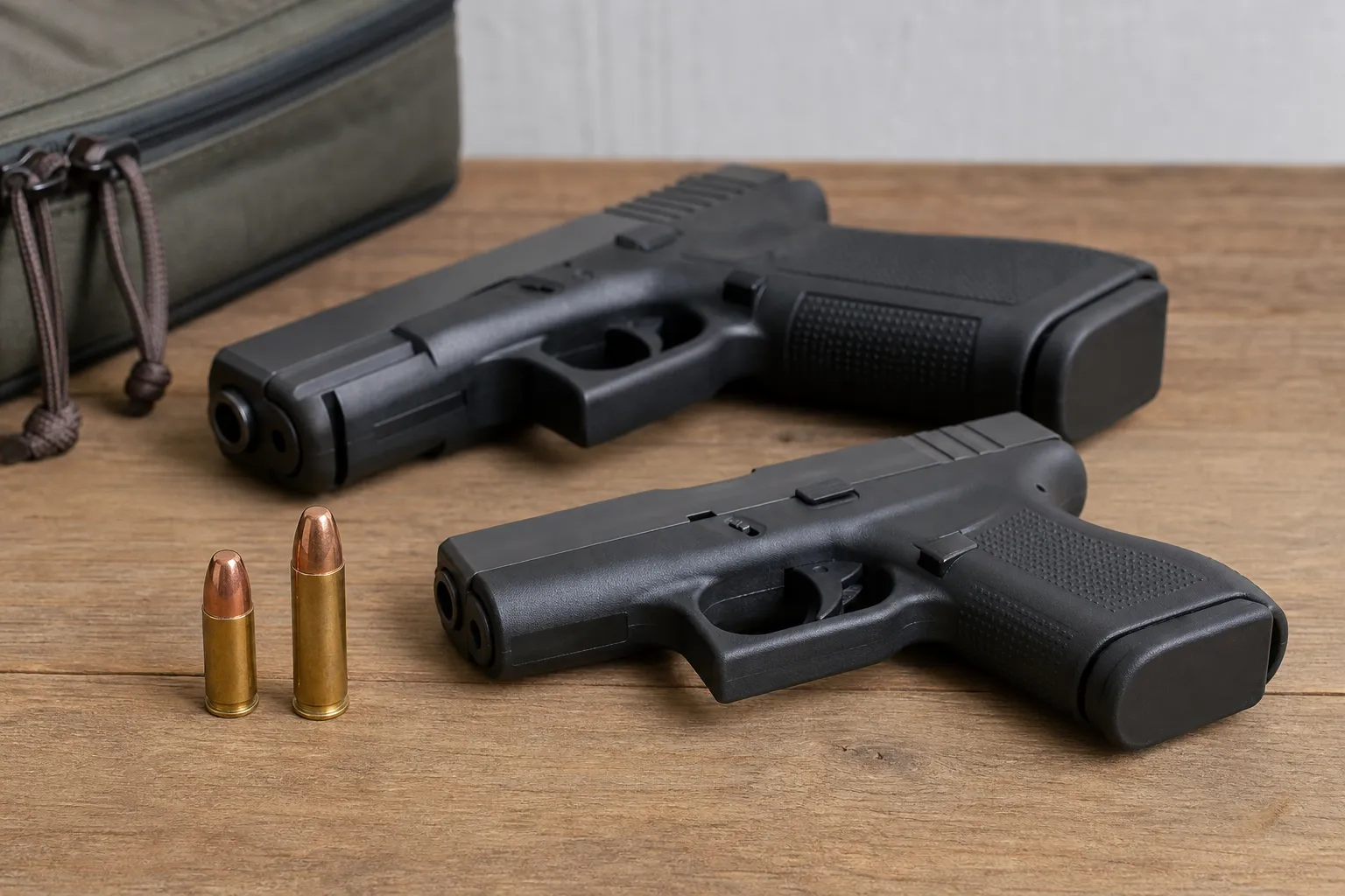 Two different sized pistol cartridges and two generic handguns resting safely on a table for a cartridge comparison.