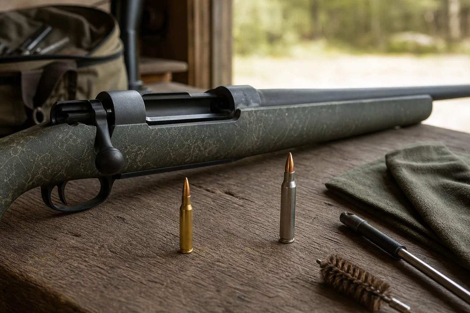 An open rifle and two different cartridges on a bench illustrate the importance of matching ammunition to the chamber.