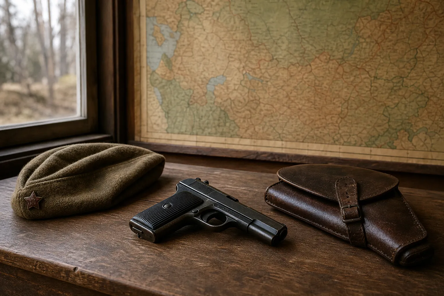 A Soviet era pistol display with a holster and cap on a plain table in museum style lighting.