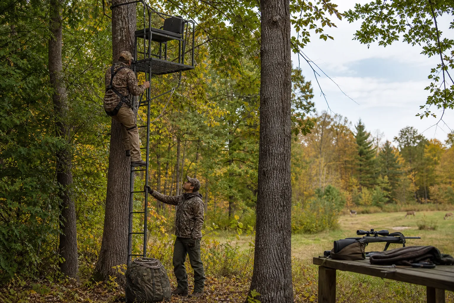 A hunter climbs a ladder stand that is secured to a straight tree while wearing a safety harness.