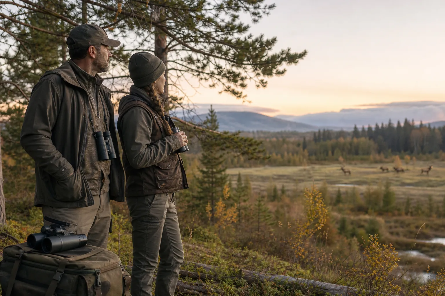 A hunter and wildlife watcher stand at the edge of a forest at dawn with binoculars and gear, looking out over open habitat.