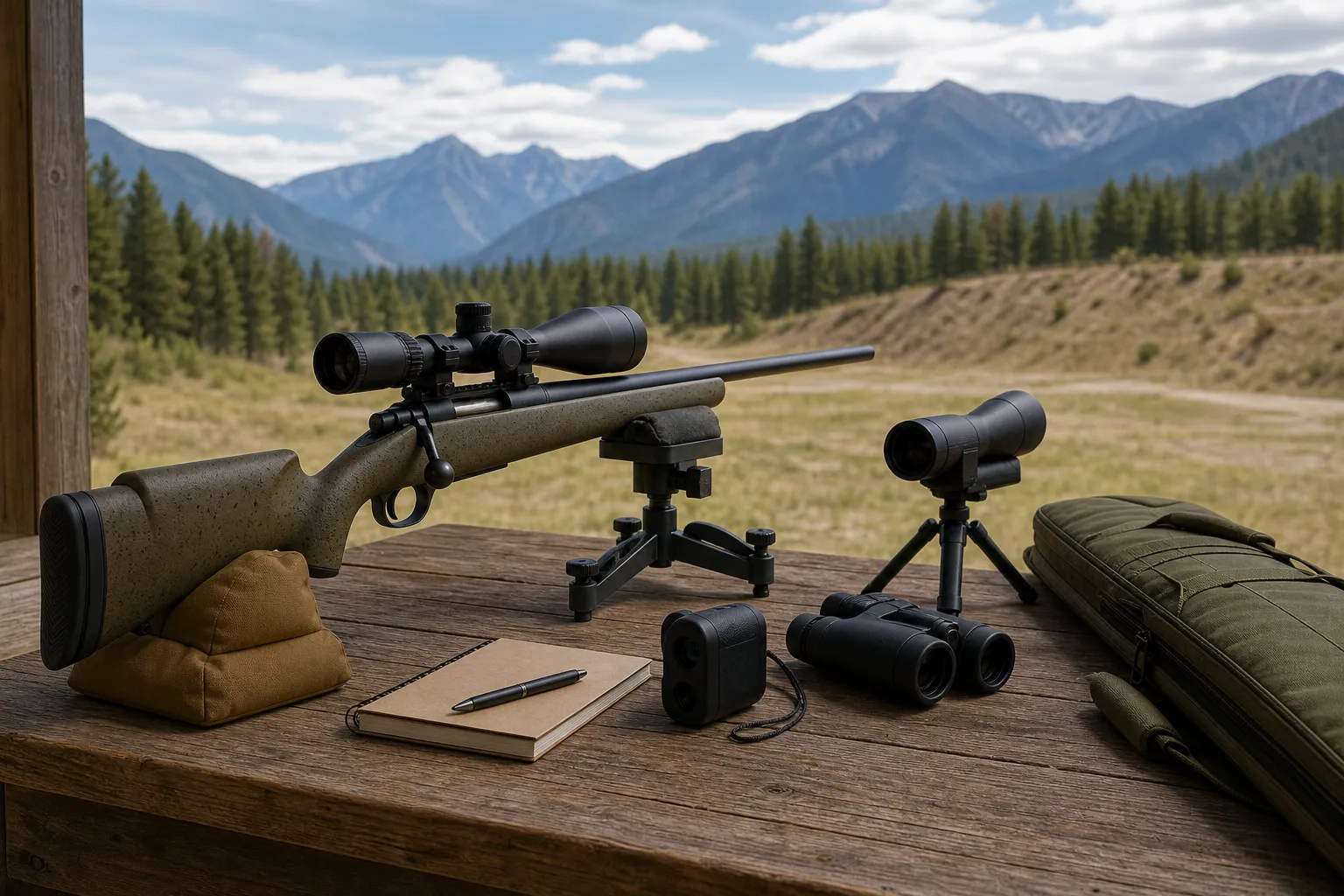 A scoped rifle resting safely on a shooting bench with range gear laid out beside it.