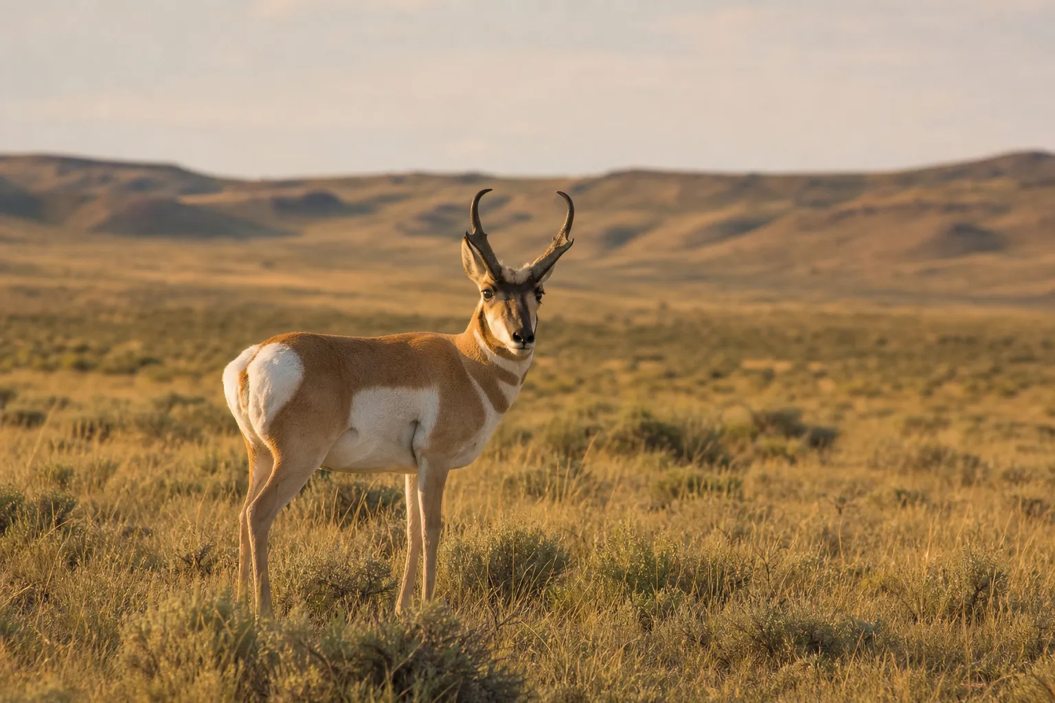 A pronghorn stands alert in open prairie grass under natural light with wide western landscape behind it.