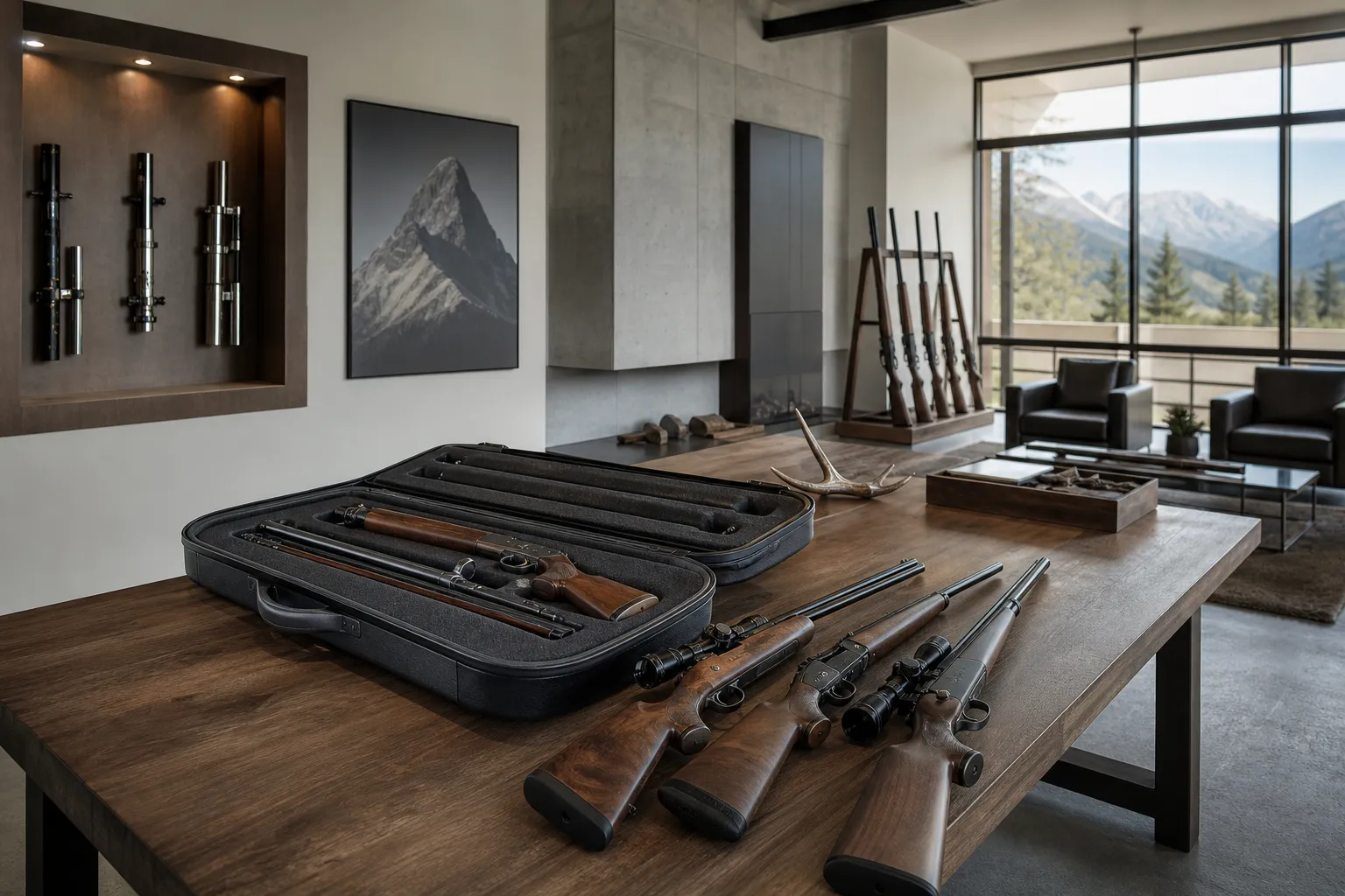 A modern American firearms company interior with safe, generic firearms on display and subtle international design influences.