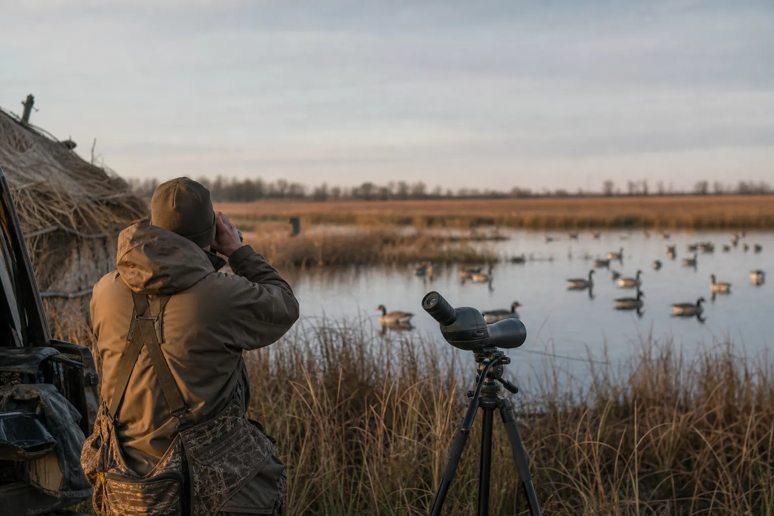 An adult observer studies geese in a marsh with binoculars and a spotting scope from a distance.
