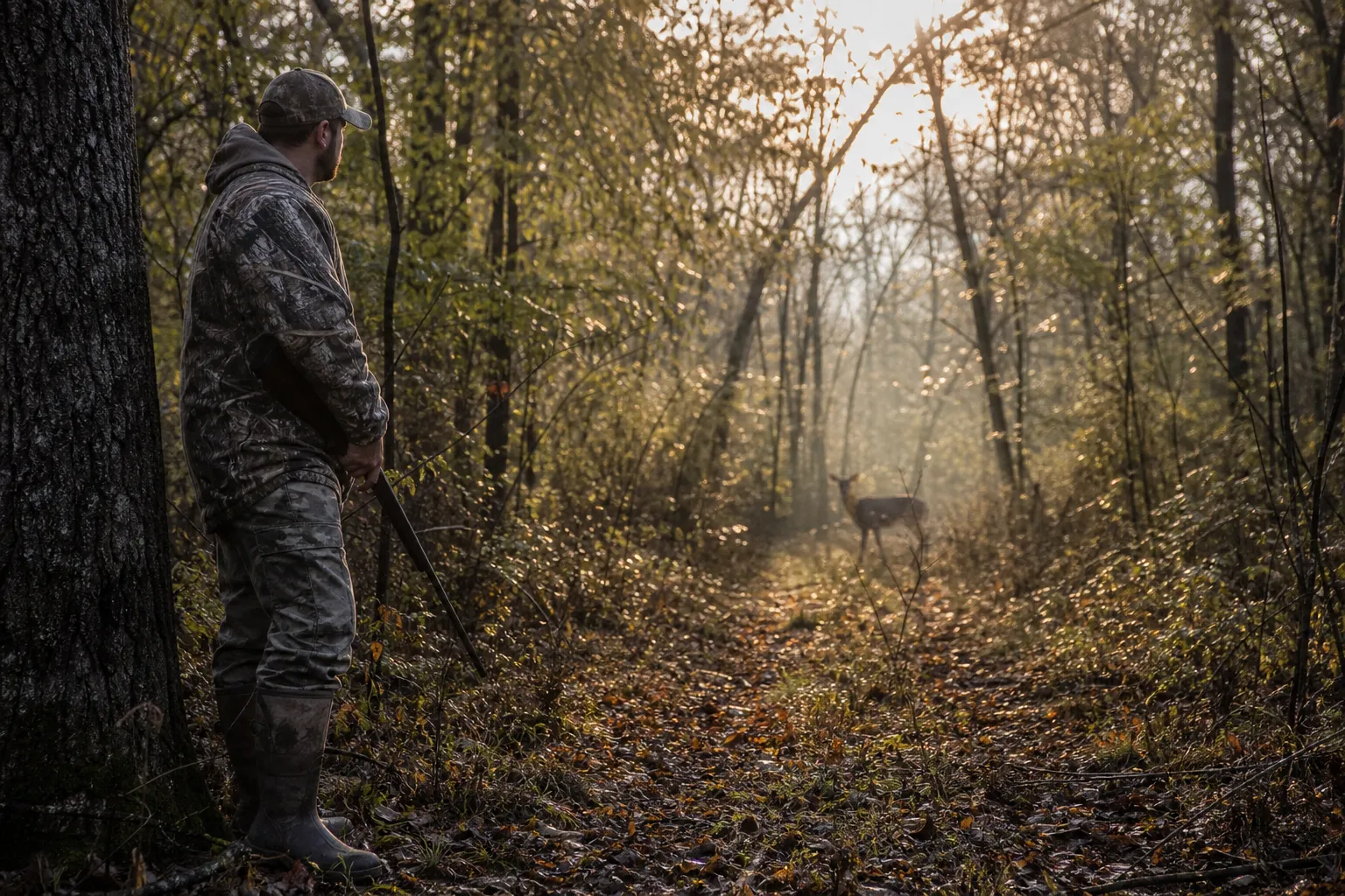 A deer hunter stands quietly in a misty hardwood forest at dawn with a safe firearm and rubber boots, suggesting careful scent and wind awareness.