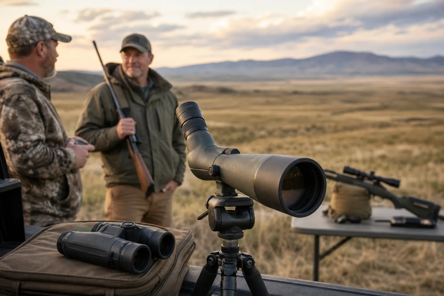 A spotting scope on a tripod beside binoculars with two adults comparing optics in a wide outdoor hunting and shooting setting.