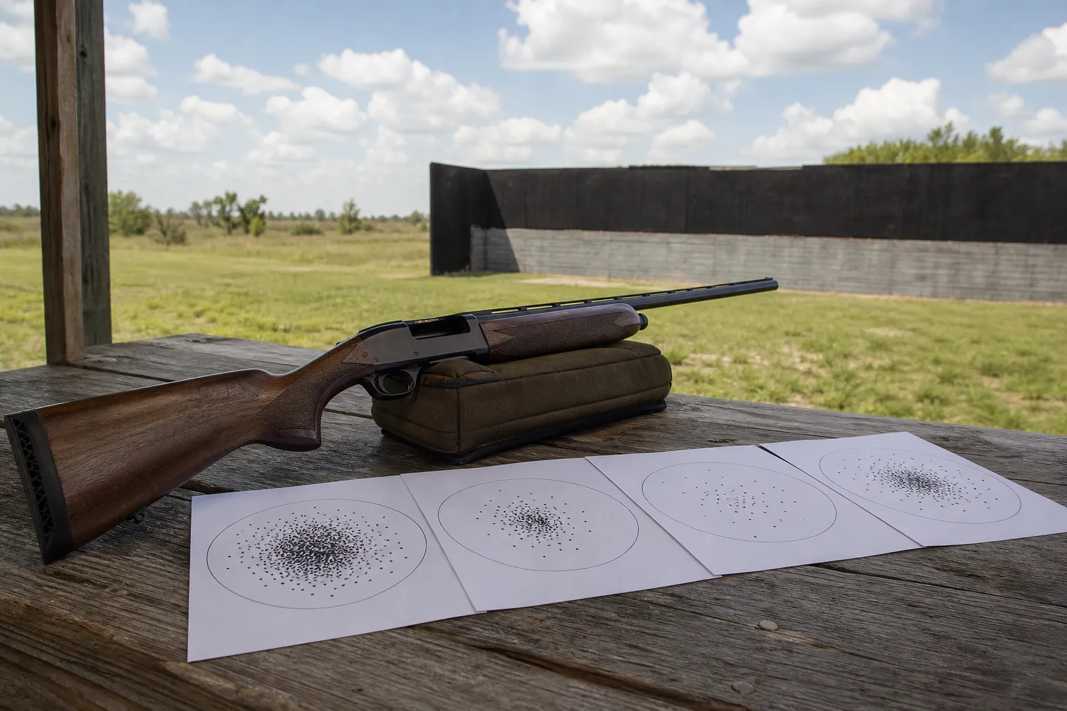 Paper targets with different pellet spreads sit beside a safely rested shotgun at a range.