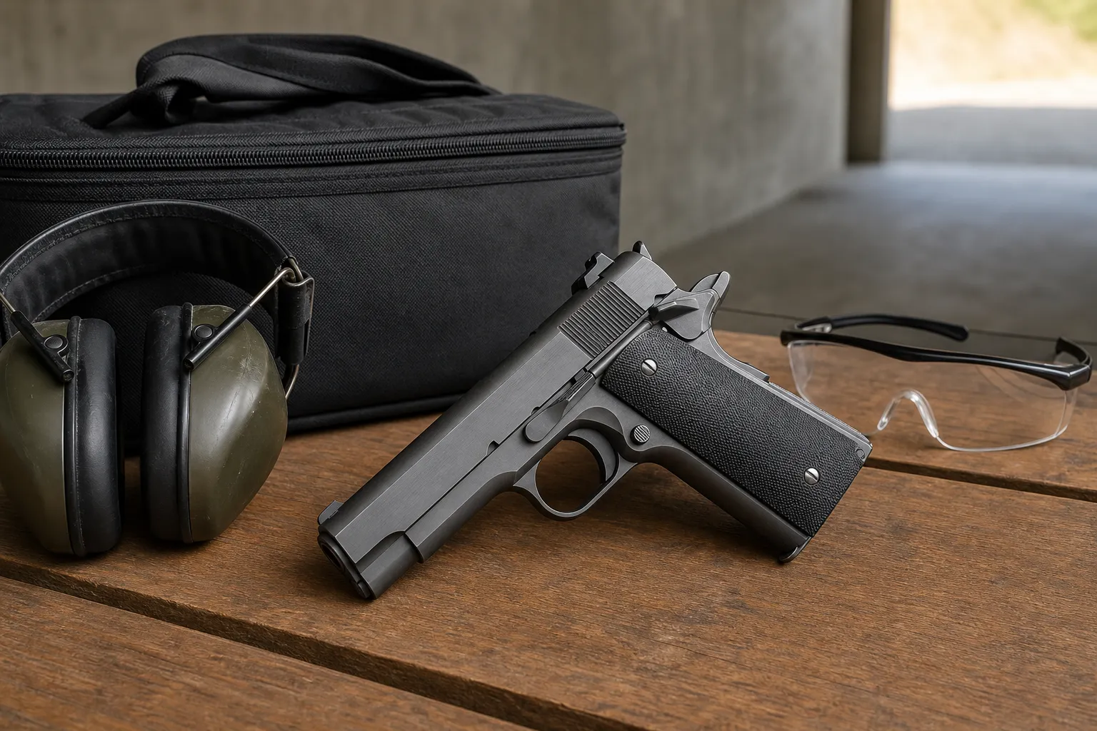 A hammer fired handgun rests on a bench beside safety gear.