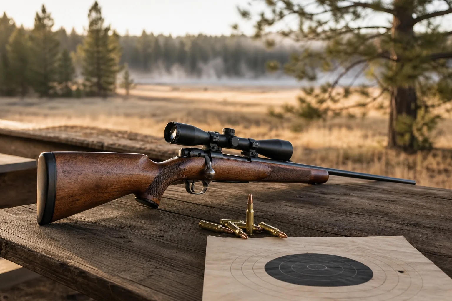 A hunting rifle rests on a wooden table beside a few cartridges with a forest and field in the background.