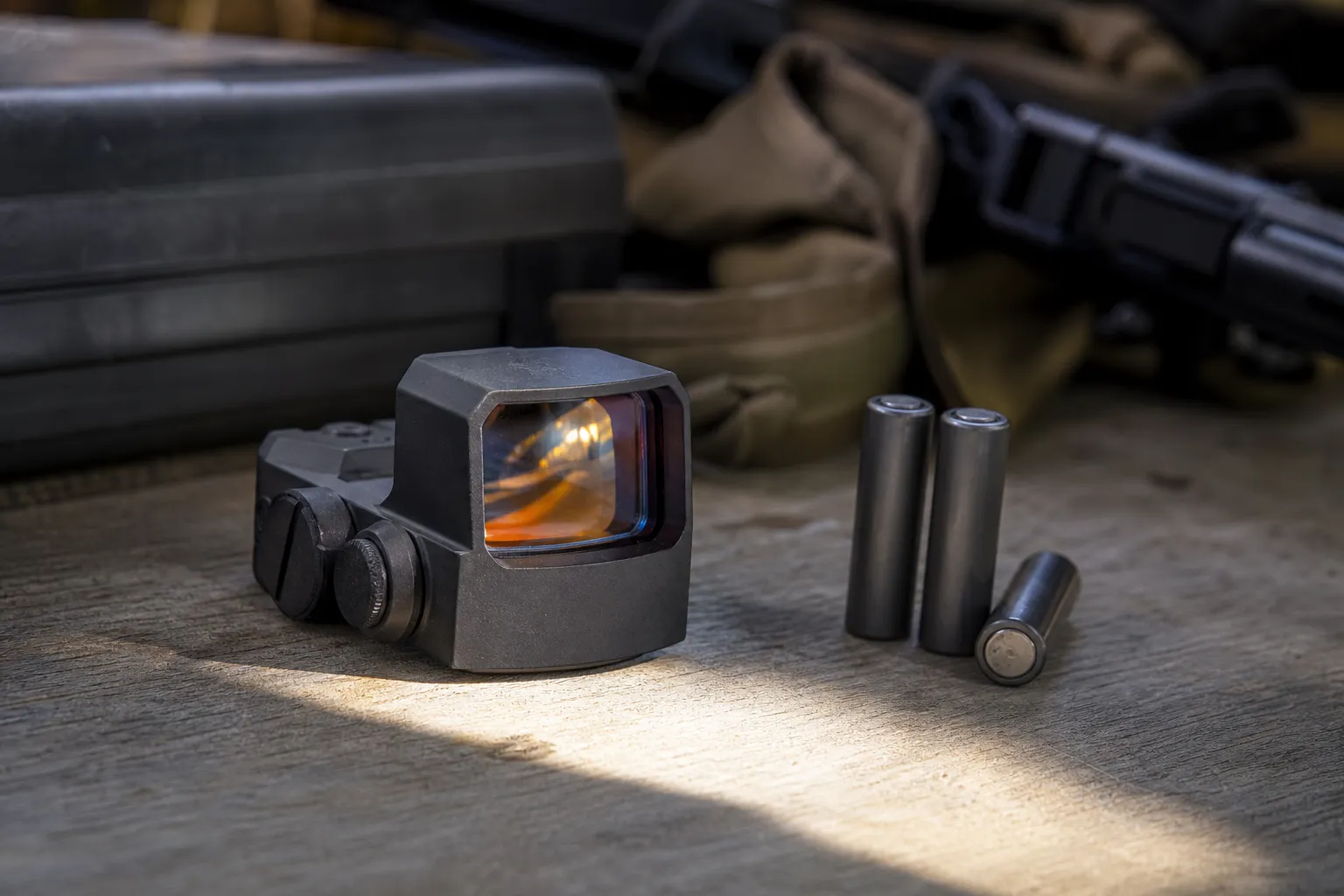 A prism optic sits in sunlight beside unmarked batteries on a table.