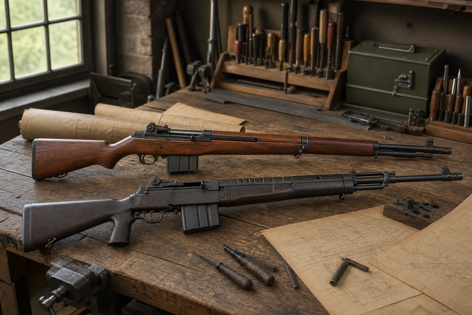 Two historic style rifles rest on a workbench with tools in a museum like armory scene.