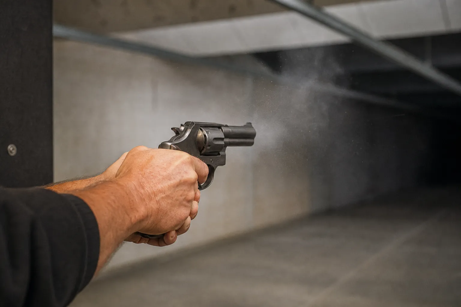A revolver firing safely downrange with smoke and gas escaping from the cylinder gap.