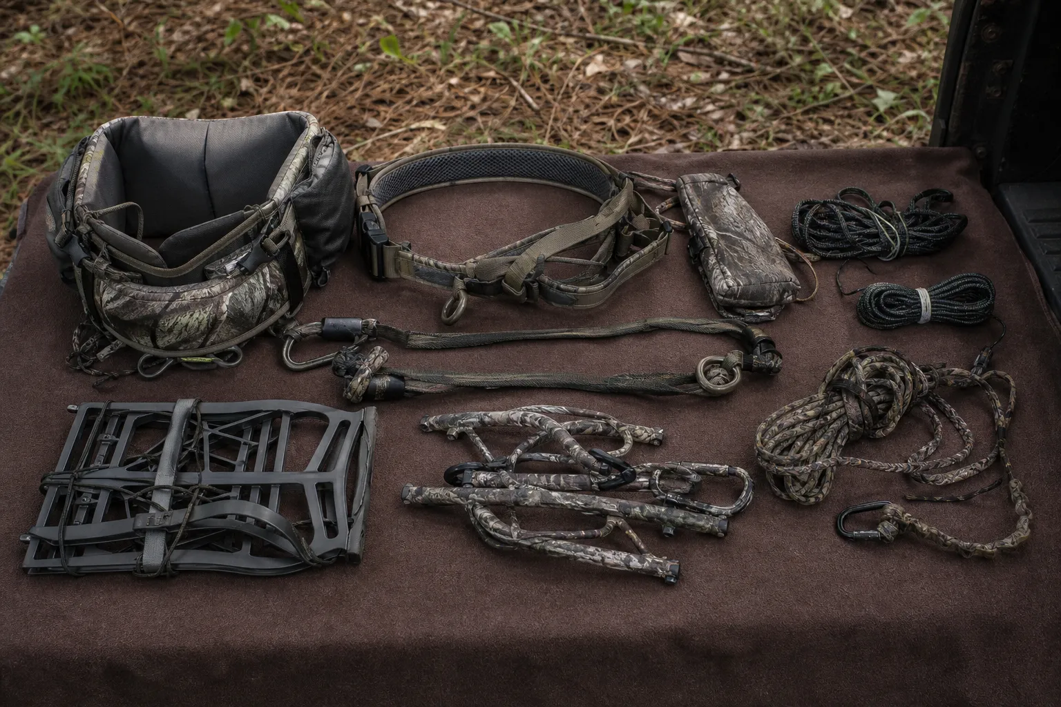 A neatly arranged set of saddle hunting gear lies on a blanket outdoors.