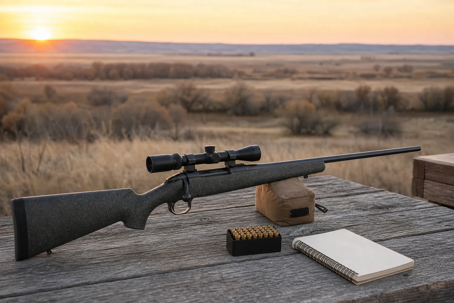 A rimfire rifle rests on a bench beside cartridges with open prairie in the background.