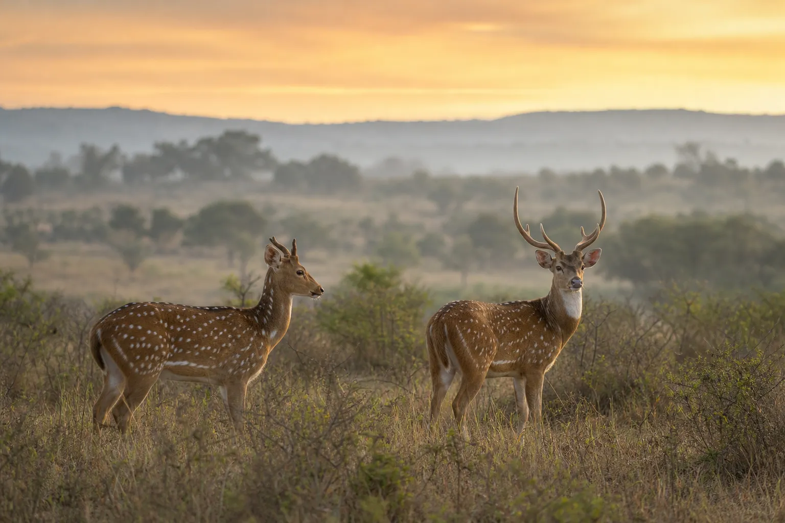 Two live axis deer stand in open habitat at dawn, showing their spotted coats and alert posture.