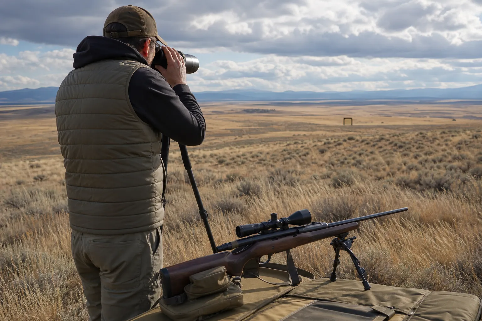 A shooter studies a windy open field with a rifle resting safely on a support.