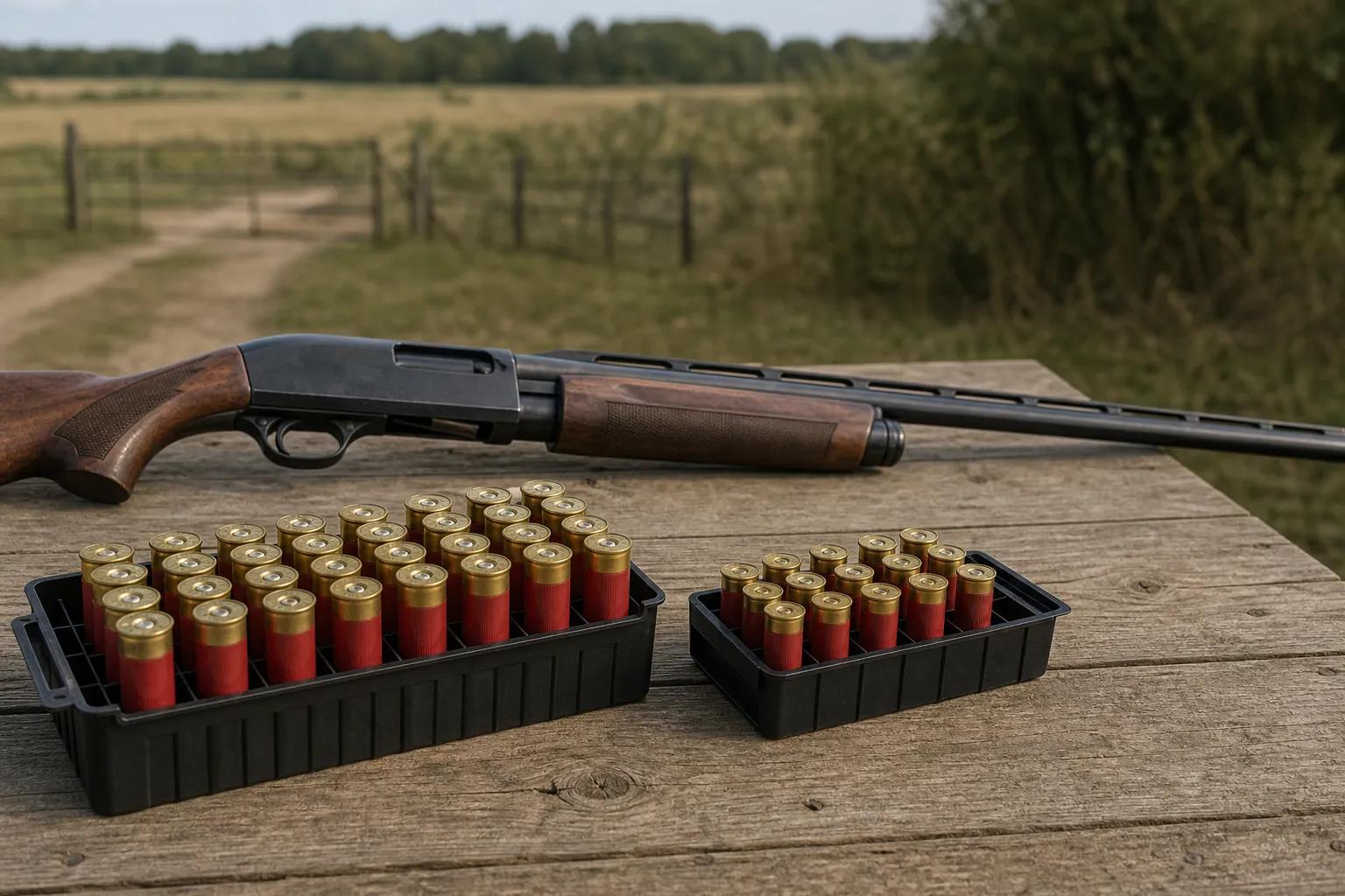 Generic shotgun shells of different sizes arranged beside an unloaded shotgun on a bench outdoors.