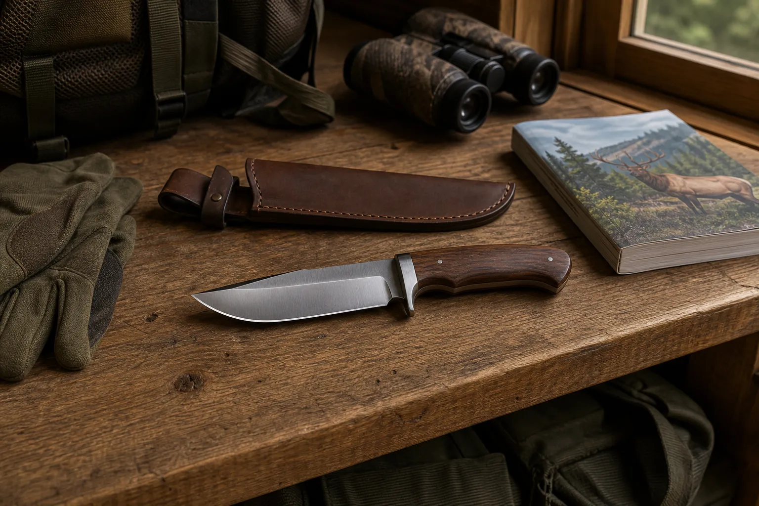 A generic hunting knife rests beside a sheath and gloves on a workbench in soft natural light.
