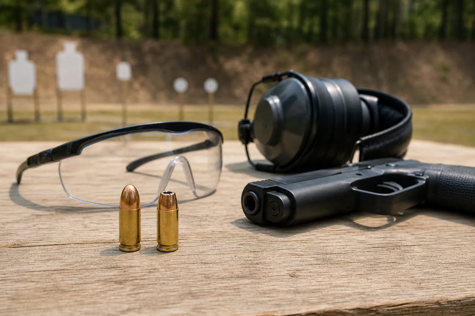 Two different handgun cartridges rest on a shooting bench beside eye and ear protection.