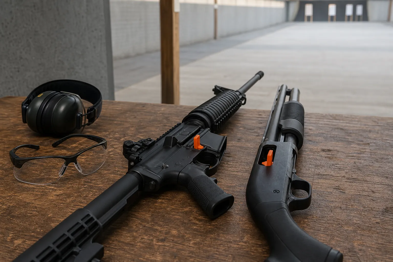 A safe firearm at rest on a bench with a bright orange chamber flag inserted to show the action is open and empty.