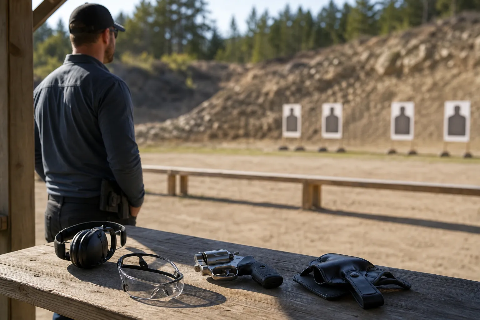 A revolver, hearing protection, and eye protection are arranged at a shooting range.