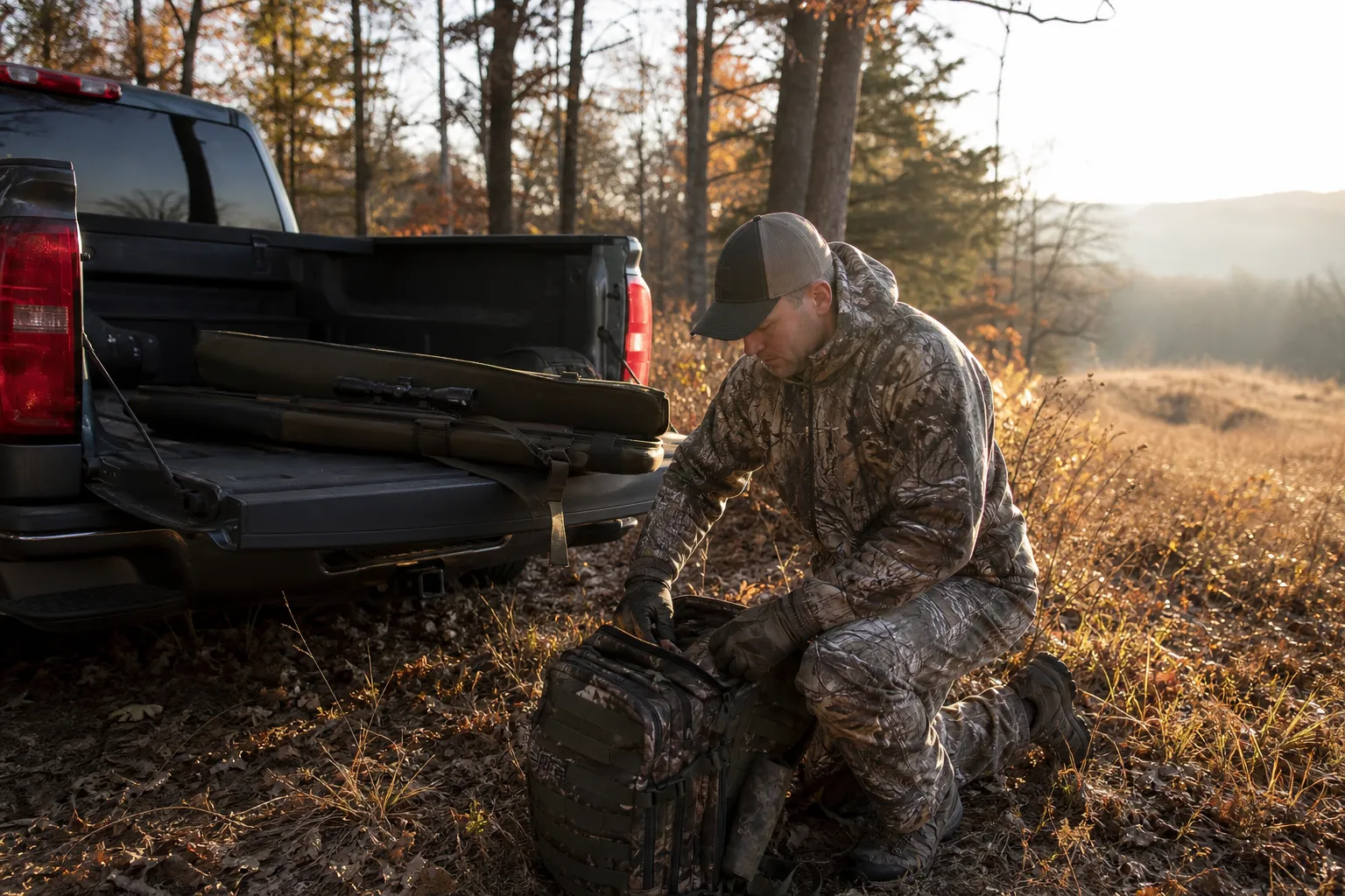 A hunter prepares gear beside a truck in the early morning, emphasizing planning and recovery as part of ethical hunting.