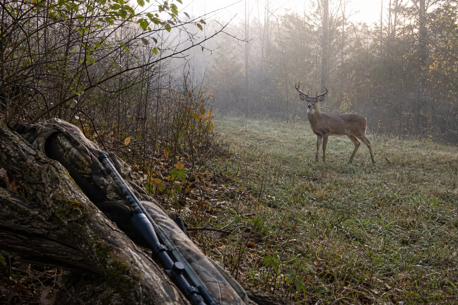 A whitetail deer stands in a wooded opening while a hunter’s gear rests safely in the foreground.