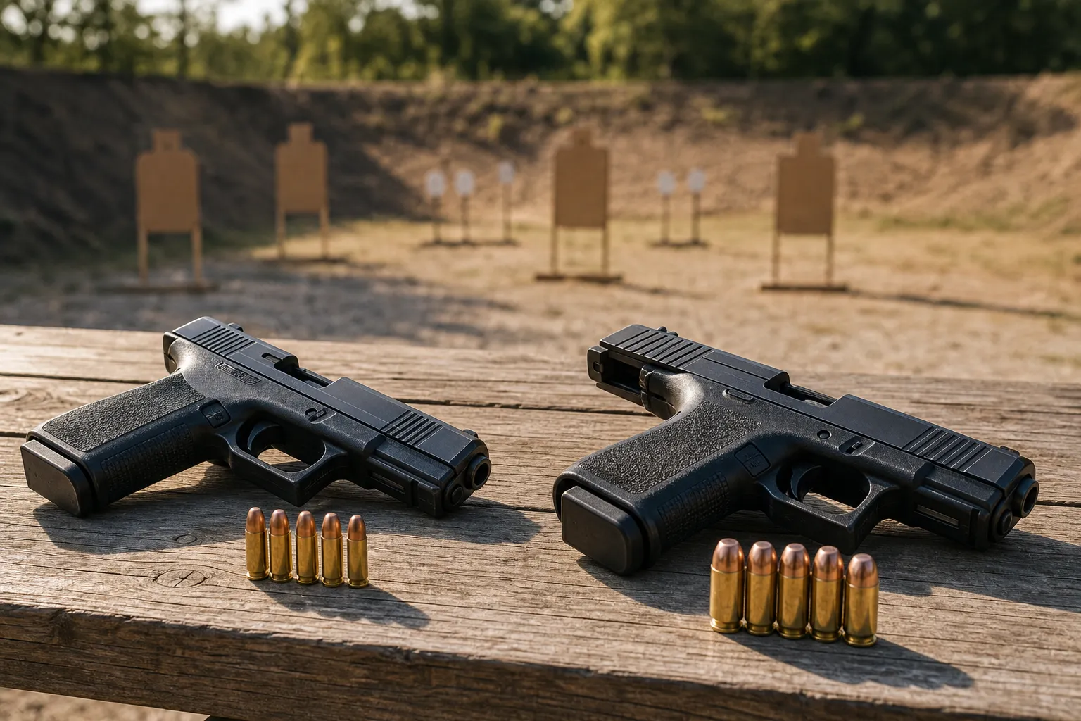 Two unloaded handguns and their cartridges rest on a shooting bench at an outdoor range.