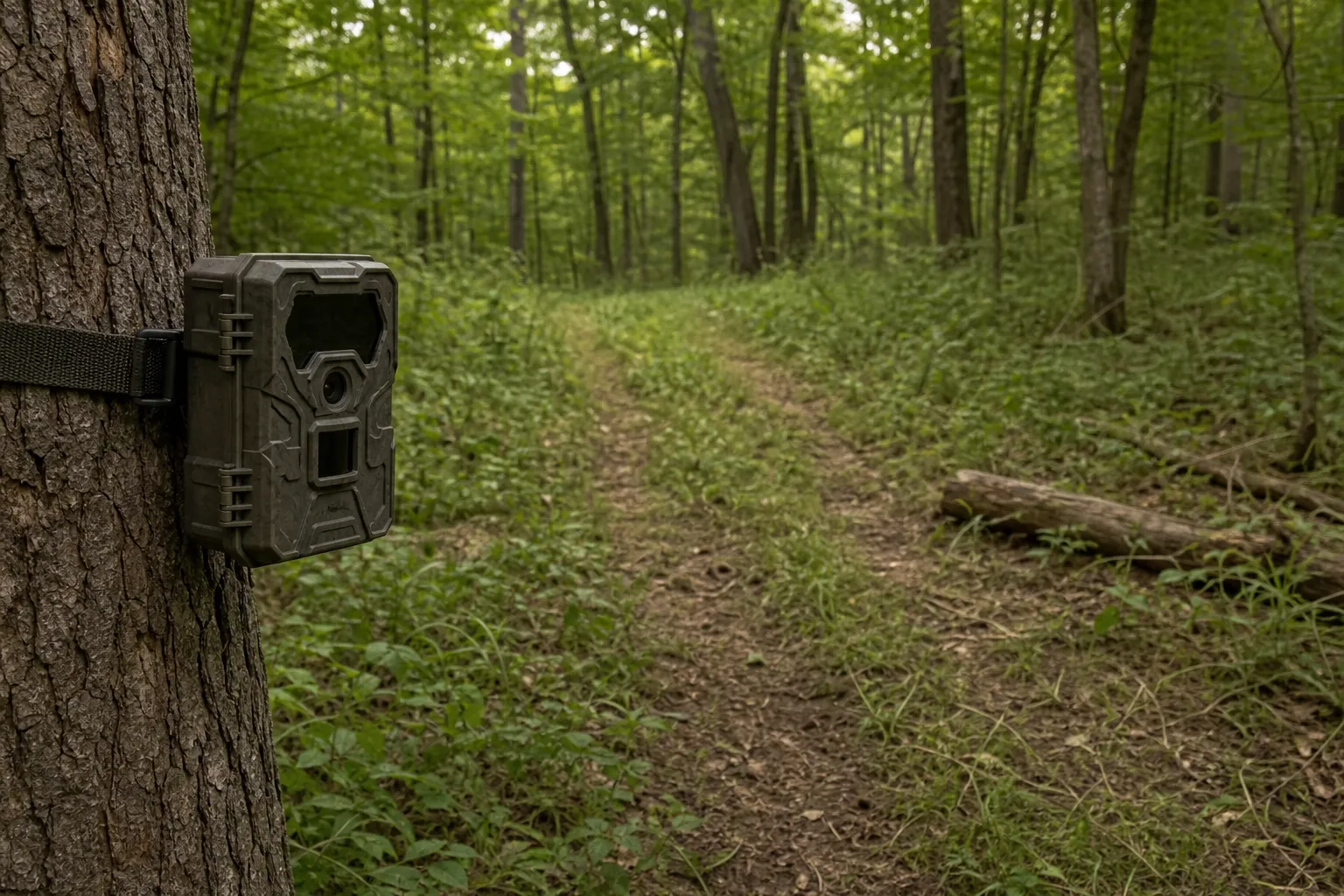 A trail camera aimed at a wooded game trail in a quiet clearing.