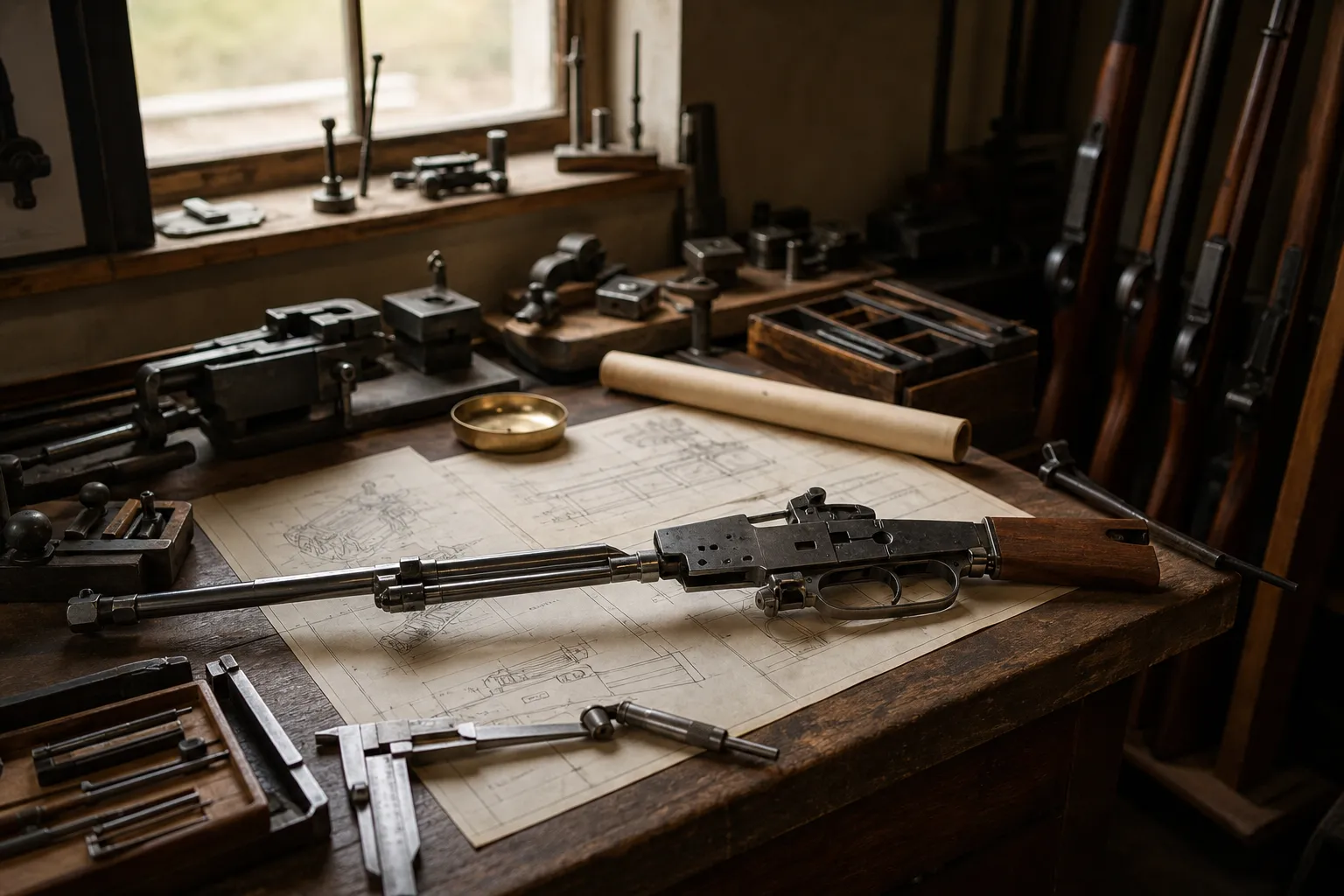 An inventor style workbench with drafting tools and rifle parts suggests the development of a military rifle.