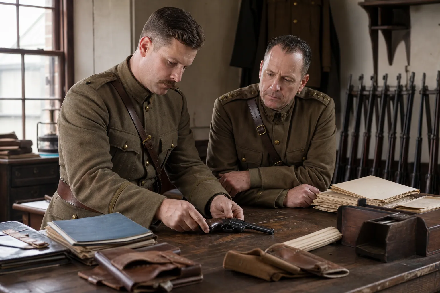 A period military office shows a service pistol on a desk with old gear and papers around it.
