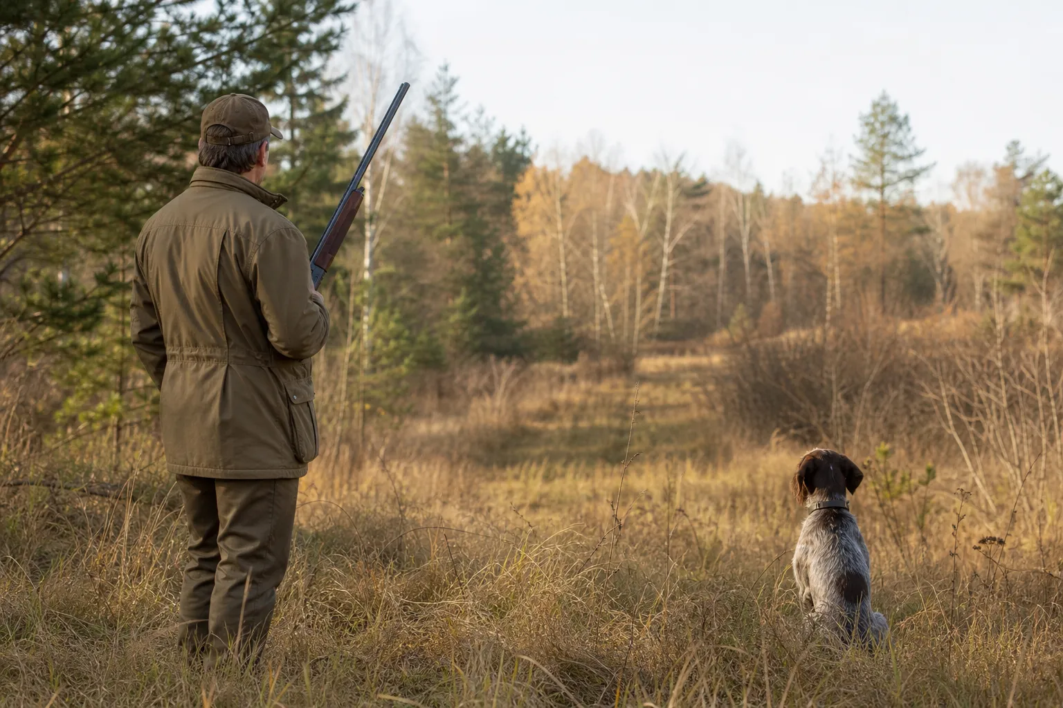 An adult hunter carries an unloaded .410 shotgun safely while walking along the edge of a field with a hunting dog nearby.