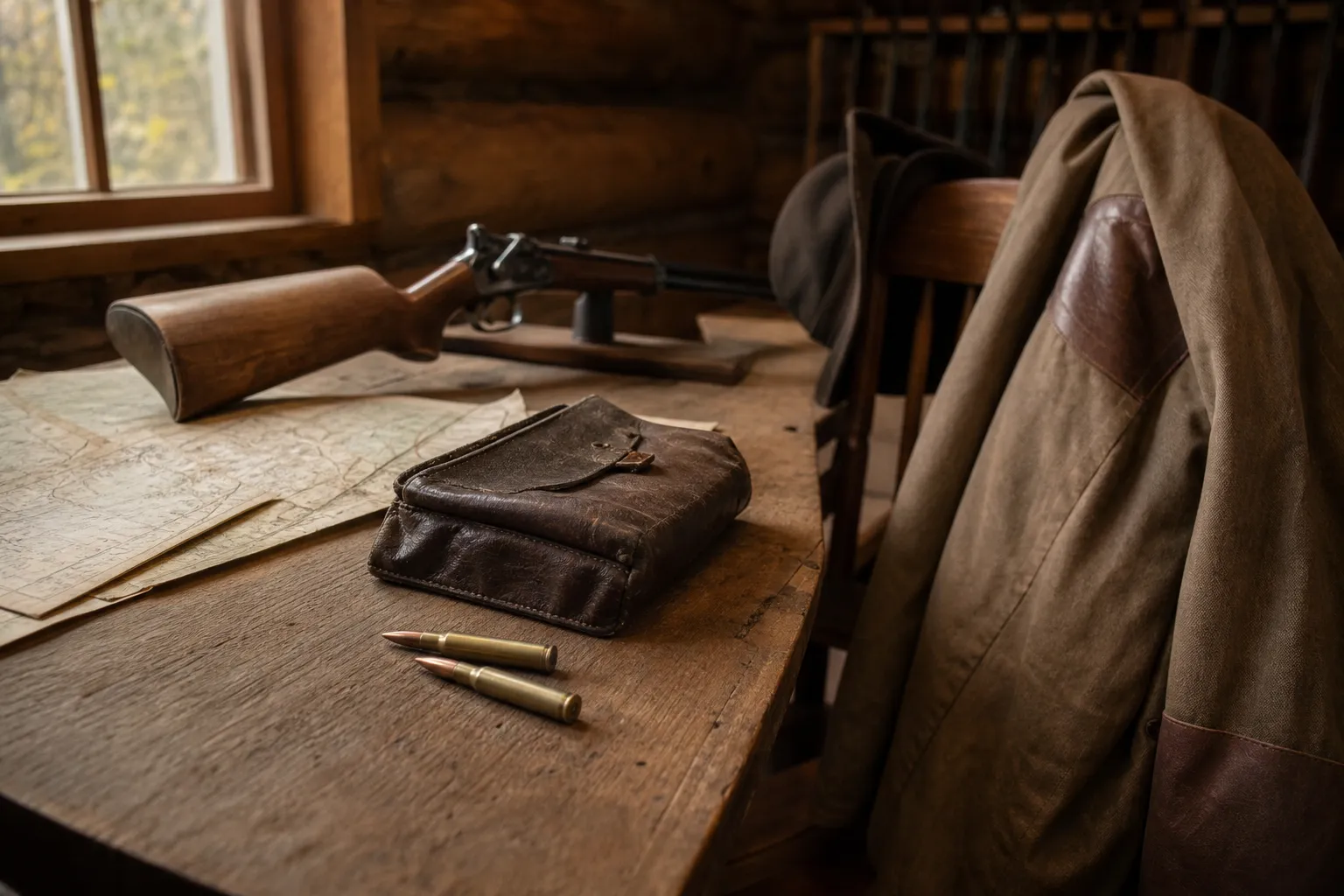 A rustic cabin display with generic cartridges and old hunting gear suggesting the history of two rifle rounds.