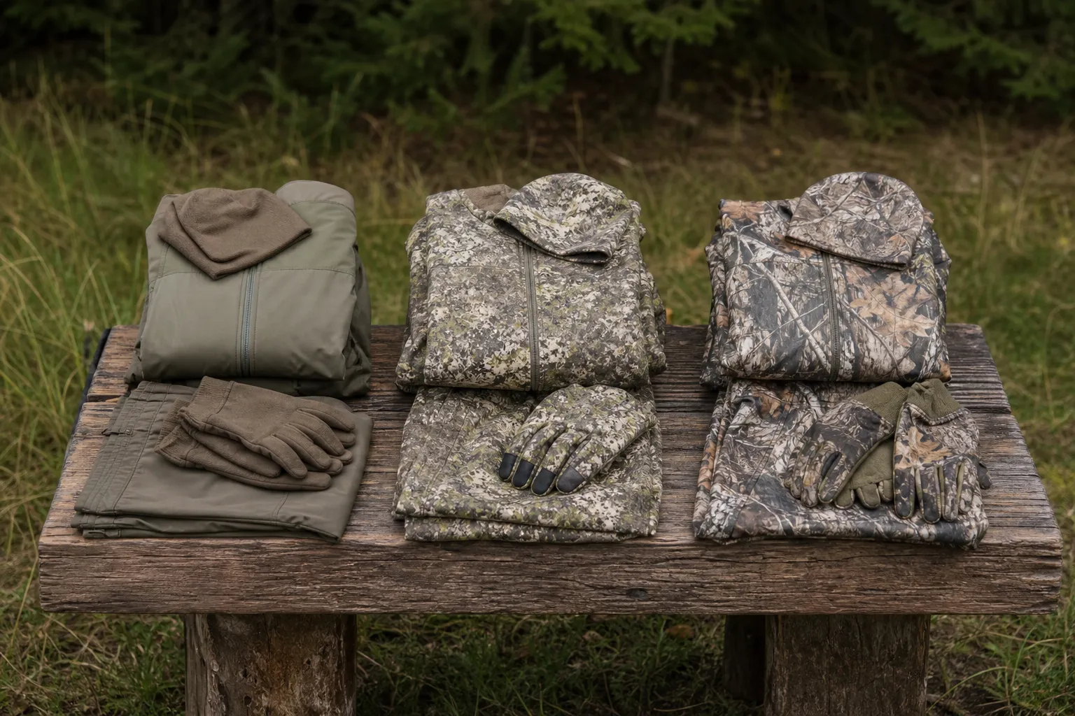 Three sets of generic camouflage clothing are laid out on a bench to show different camo family styles.