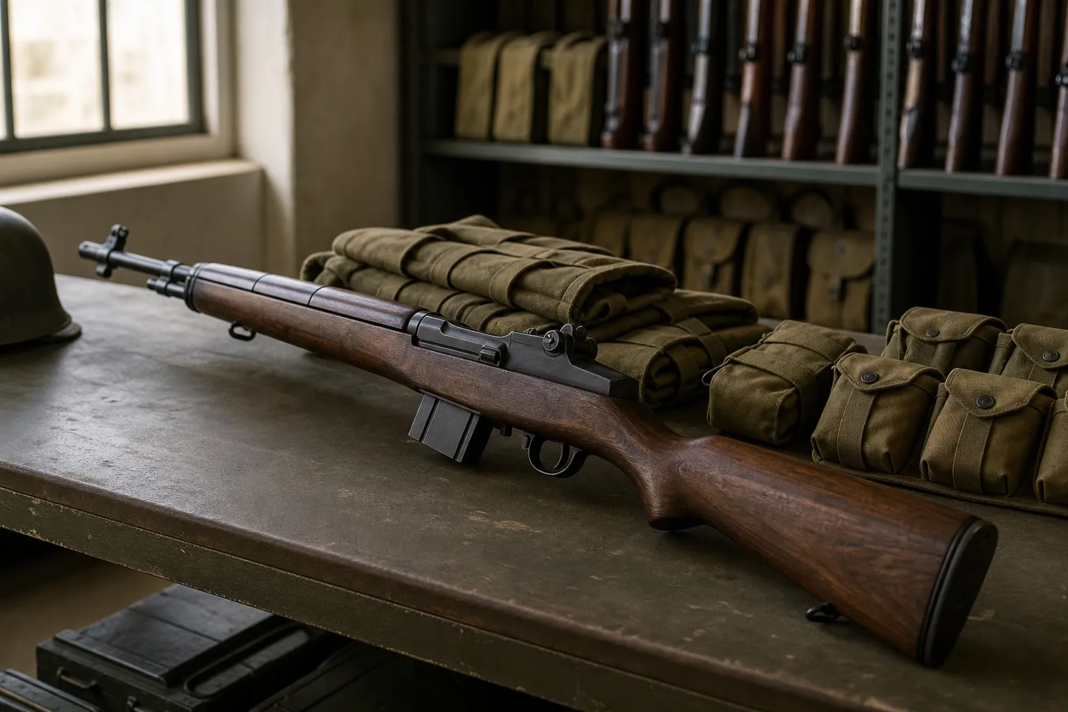 A wood stocked military rifle rests safely on a table beside period gear in a softly lit armory room.