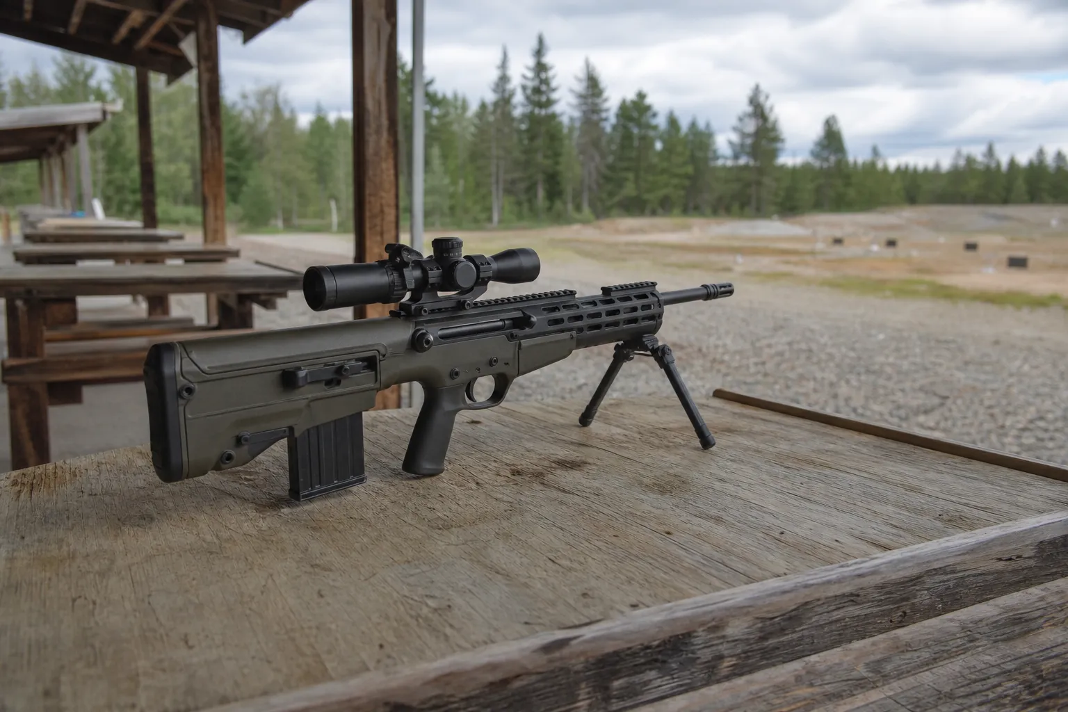 A bullpup rifle resting safely on an outdoor shooting bench with its compact rearward action visible.